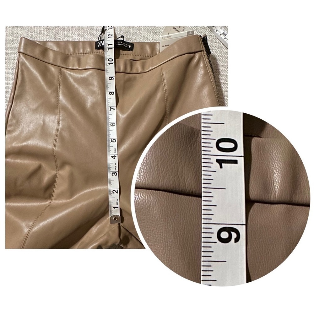 ZARA Tan Faux Leather Leggings Vegan Skinny Pants Hi-Rise Ankle Slit Women’s S - Picture 15 of 16